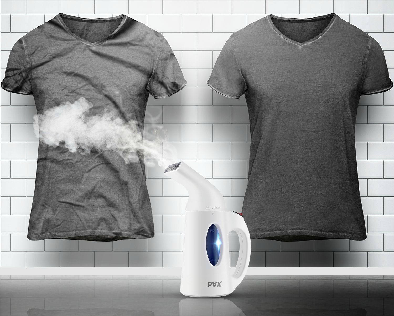 travel steamer with gray shirt