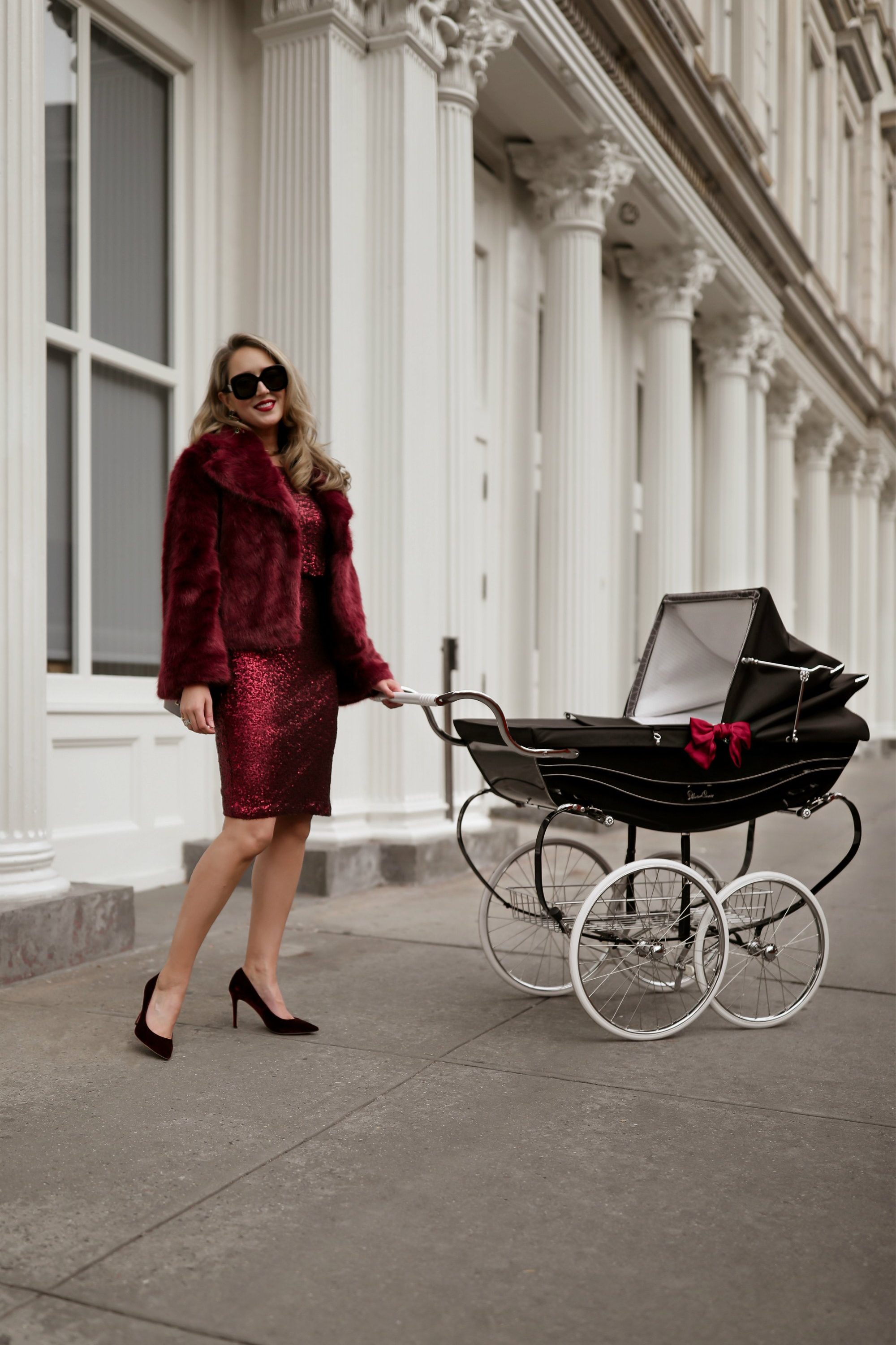 rent-the-runway-unlimited-red-burgundy-faux-fur-jacket-sequined-sheath-dress-holiday9